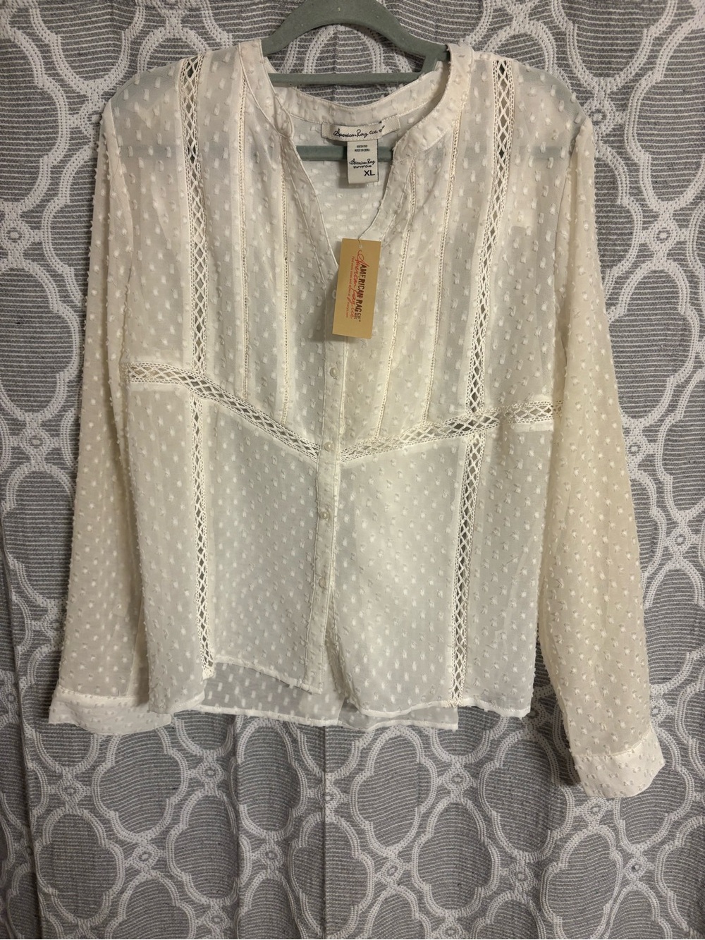 American Rag Cream Swiss Dot Lace Trim Top Size XL